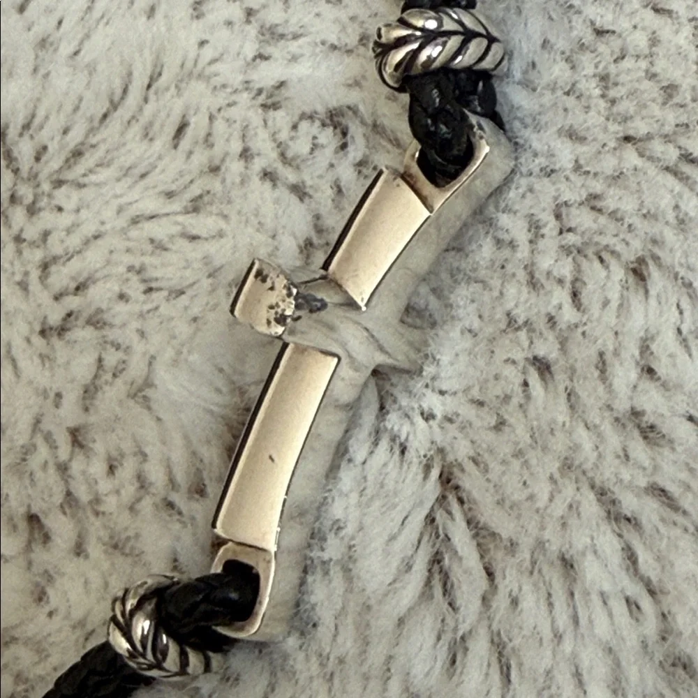 David Yurman Black Leather Bracelet with Silver Cross Accent